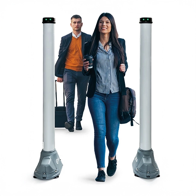 CEIA OpenGate Detection System with Woman and Man walking though Isolated on White Background