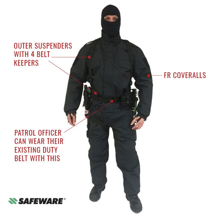 Police officer in CDU Basic Public Order Patrol Kit showing outer suspenders, FR Coveralls, and duty belt