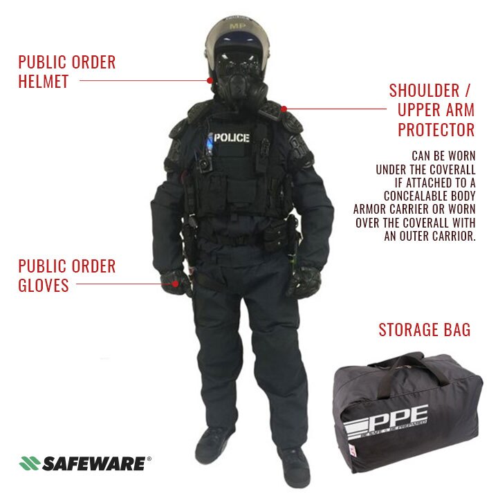 Police officer in CDU Basic Public Order Patrol Kit showing helmet, shoulder / upper arm protector, gloves, and storage bag