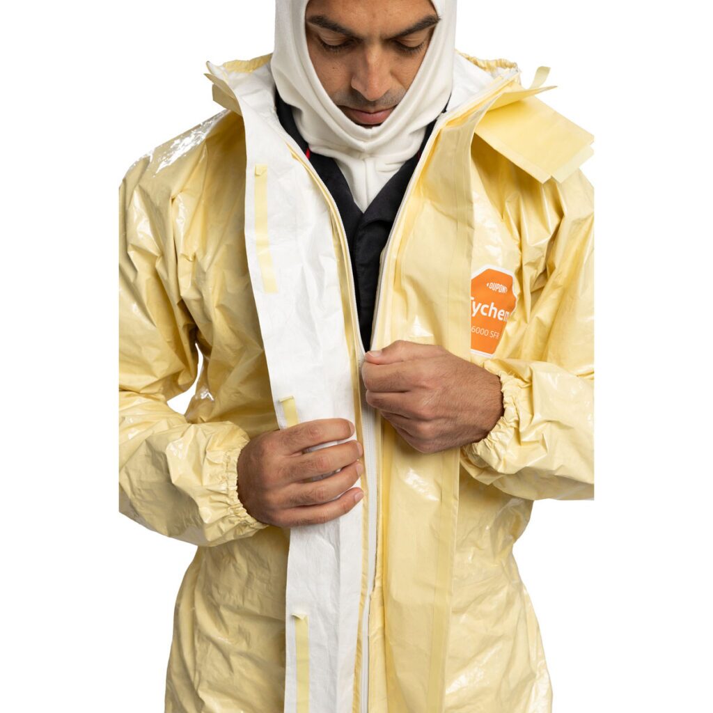 DuPont Tychem 6000 SFR Coverall closeup of front entry zipper