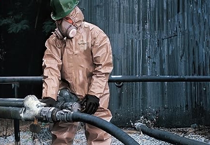 Man wearng Dupont Tychem 5000 coveralls while working on heavy gas lines