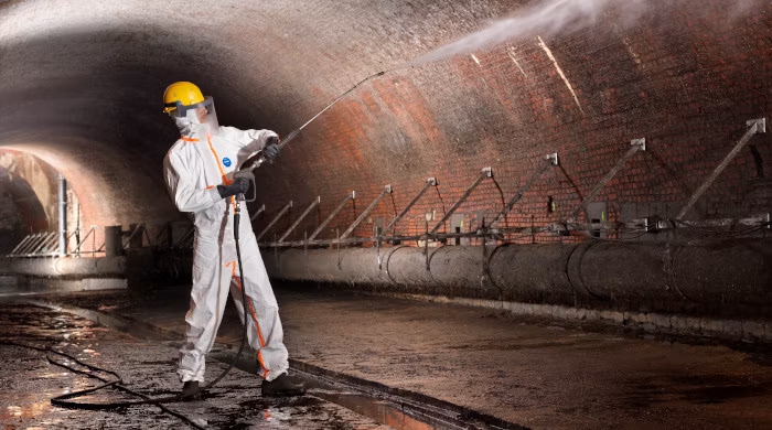 A man wearing Tyvek 800 garments in sewer