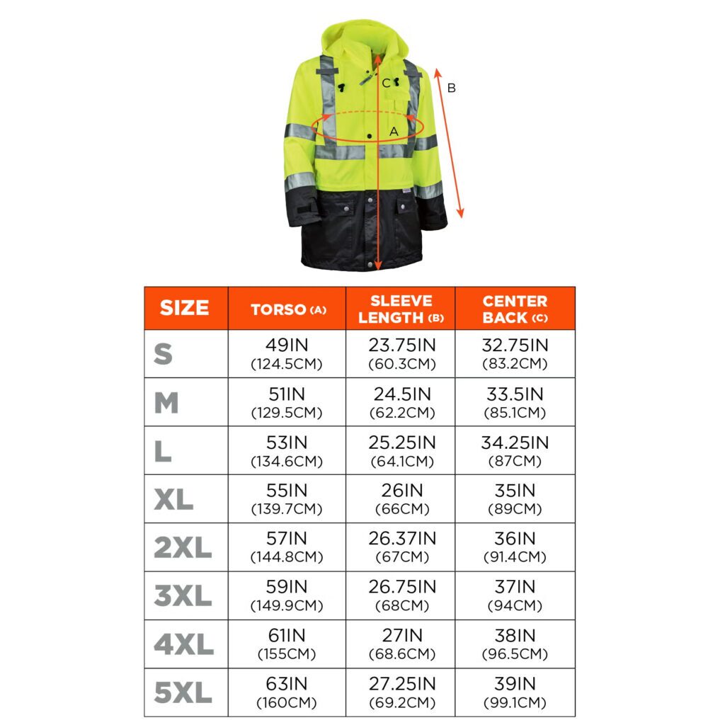 GloWear Hi-Viz Rain Jacket size chart