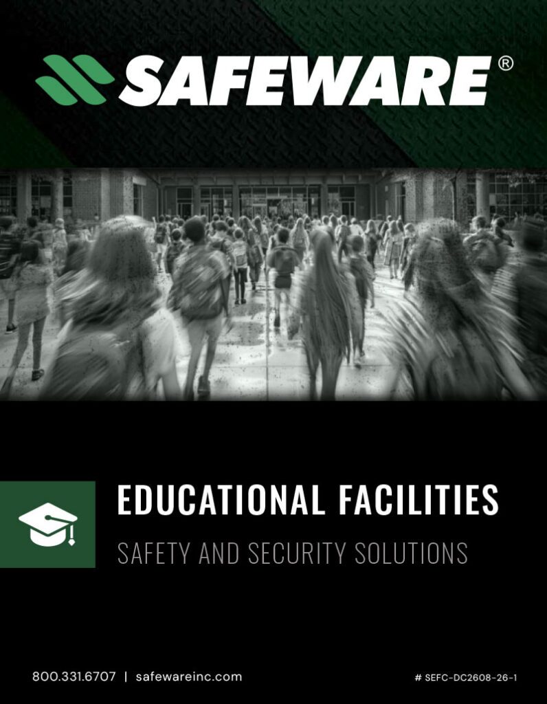 Cover of the Safeware Educational Facilities Safety and Security Solutions Catalog - AI Generated image of students walking into a School facility