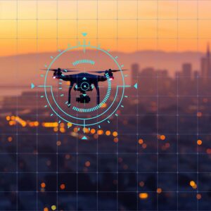 AI Generated image of a drone flying over the city with a scope around it's frame