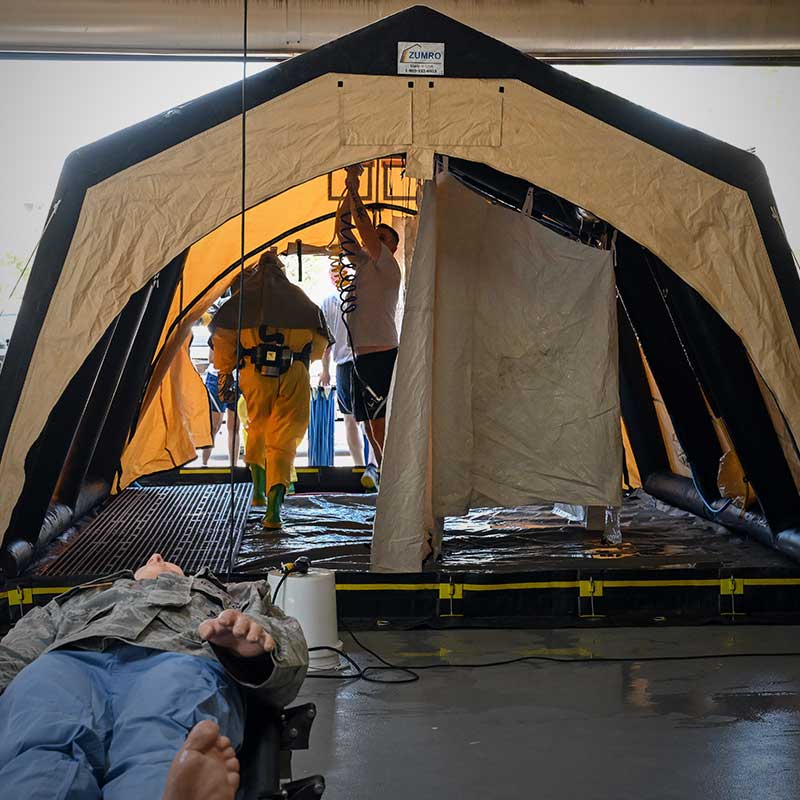 Deontamination shelter made by Zumro in use for CBRN Medical training.