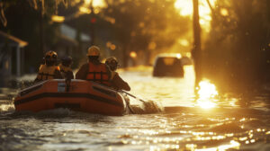 Rescuers in orange life jackets in inflatable rubber boat on flooded street looking for people injured by the hurricane