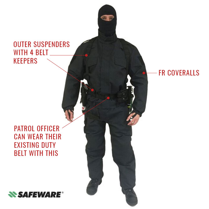 Police officer in CDU Basic Public Order Patrol Kit showing outer suspenders, FR Coveralls, and duty belt