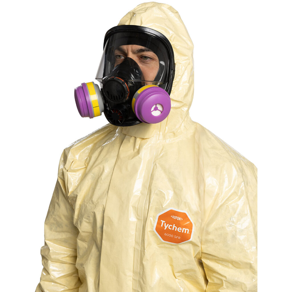 DuPont Tychem 6000 SFR Coverall closeup demonstration Respirator Fit Hood