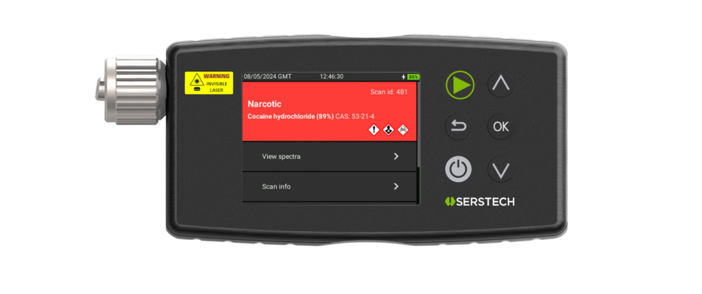 Serstech Arx mkII Raman Spectrometer showing a positive chemical identification