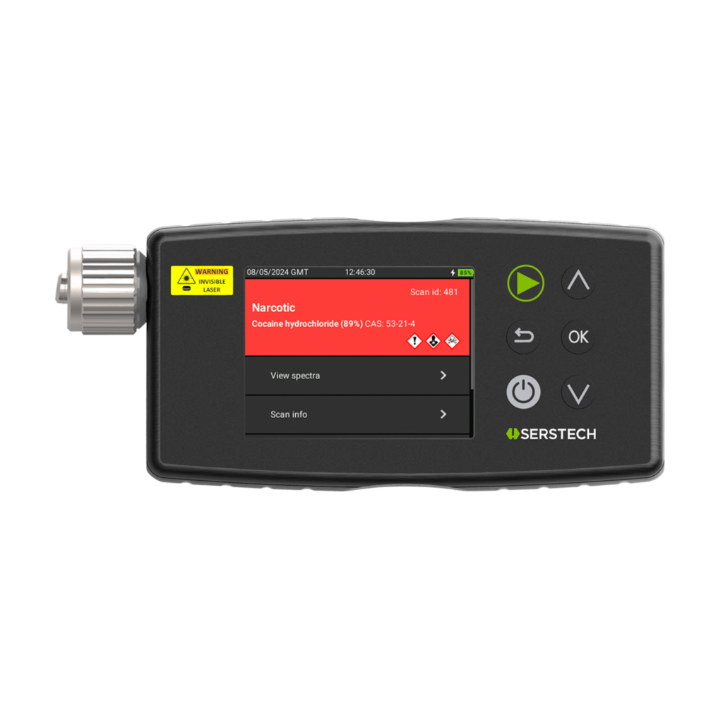 Serstech Arx mkII Raman Spectrometer showing a positive chemical identification