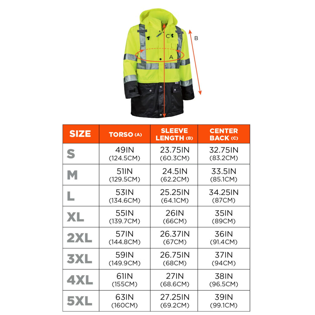 GloWear Hi-Viz Rain Jacket size chart
