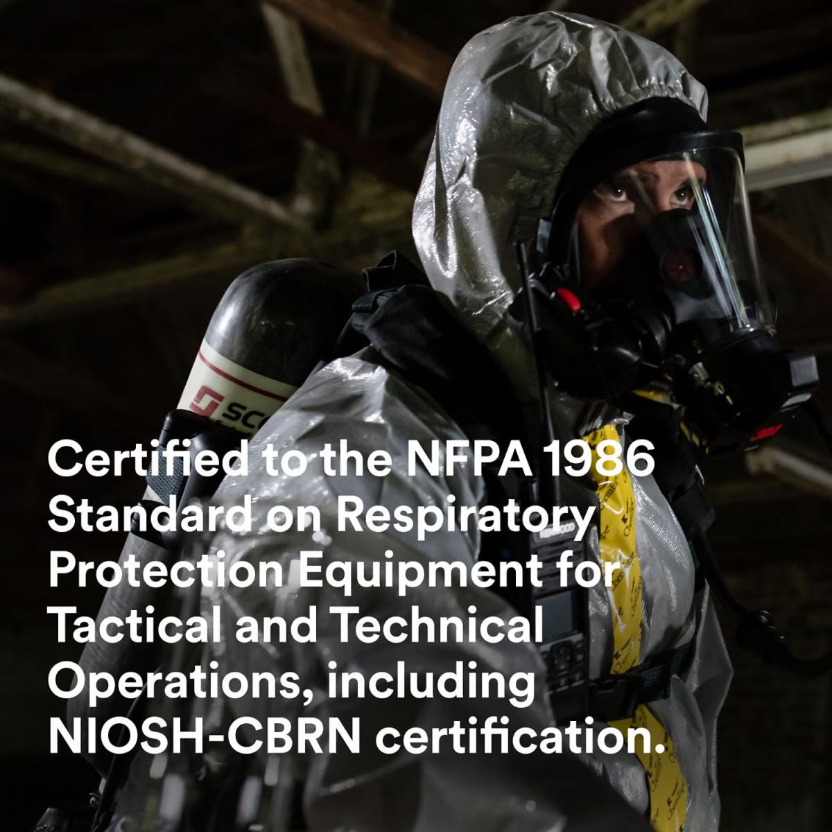 Man in hazmat suit wearing the 3M Scott X3-21 Pro SCBA Airpak