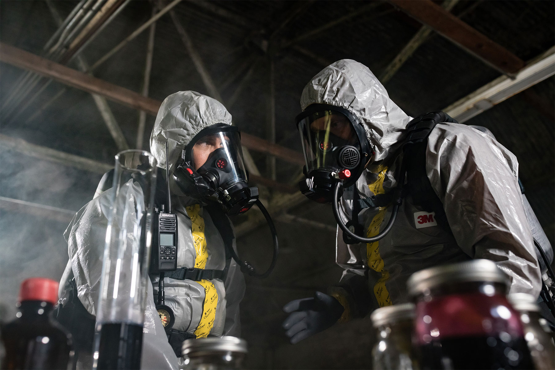 Men in hazmat suits wearing the 3M Scott X3-21 Pro SCBA Airpak
