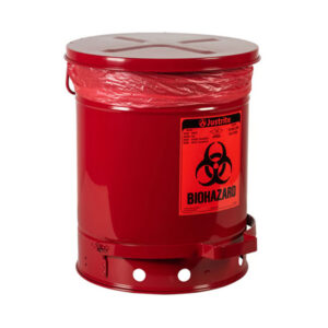 Justrite 10 Gallon Biohazard Waste Can front view