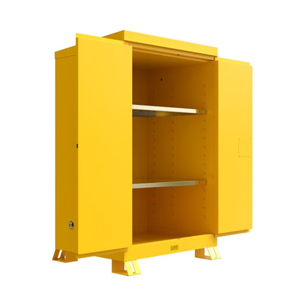 Justrite 90 Gallon Outdoor Flammable Storage Cabinet Open Angle View