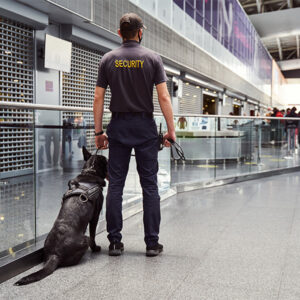 Security Officer and K9 observing security checkpoint at airport
