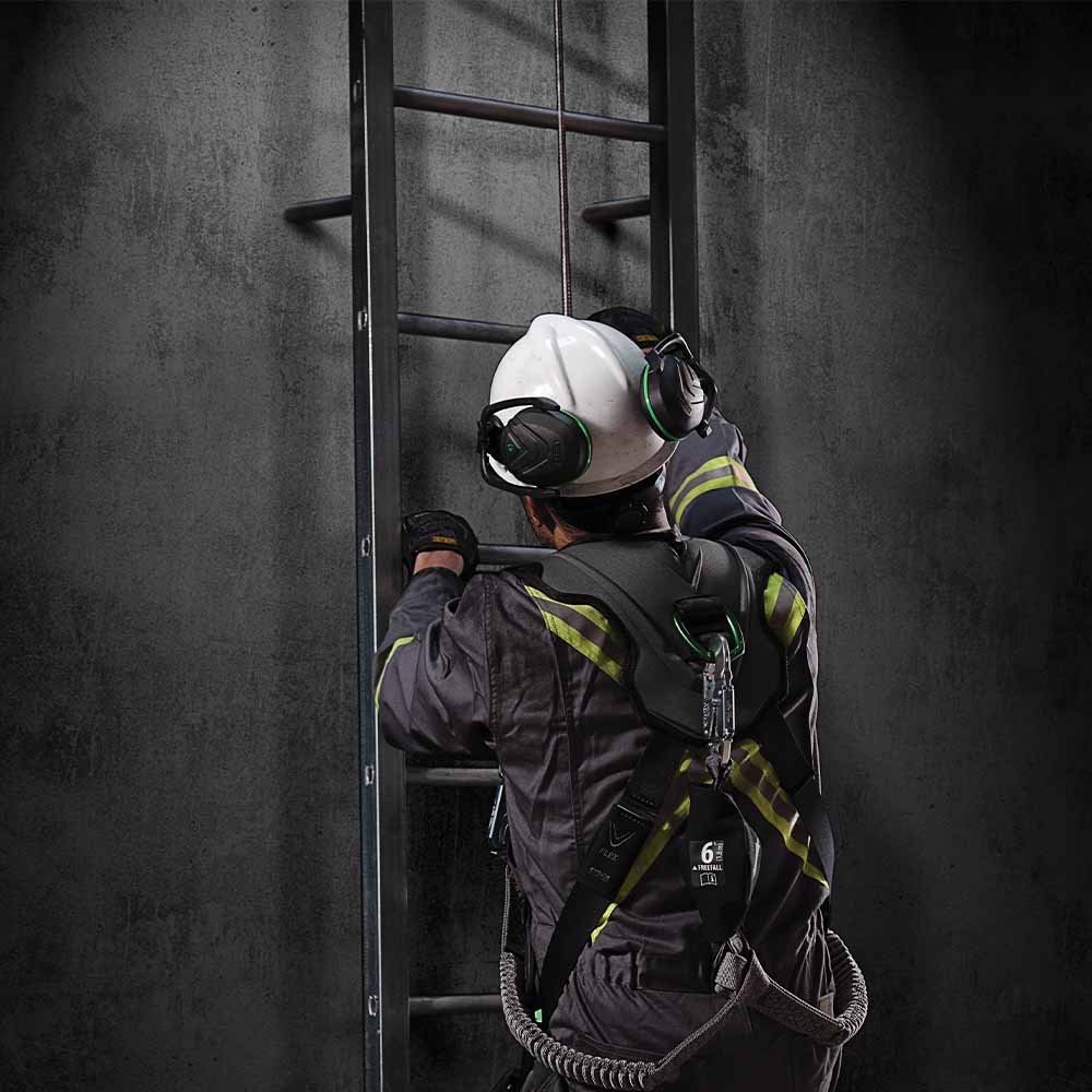 MSA Latchways Vertical Ladder Lifeline Kit in use by industrial worker on ladder