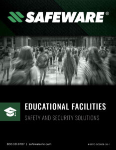 Cover of the Safeware Educational Facilities Safety and Security Solutions Catalog - AI Generated image of students walking into a School facility