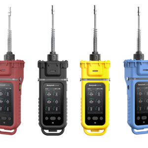 Honeywell ModRAE Portable Gas Detector showing all colors available - Red, Black, Yellow, and Blue