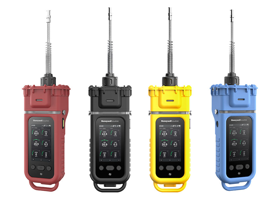 Honeywell ModRAE Portable Gas Detector showing all colors available - Red, Black, Yellow, and Blue