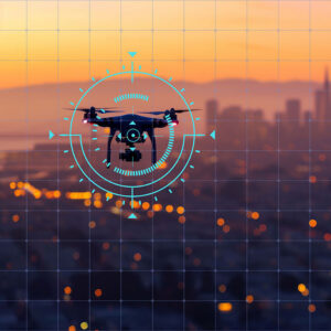 AI Generated image of a drone flying over the city with a scope around it's frame